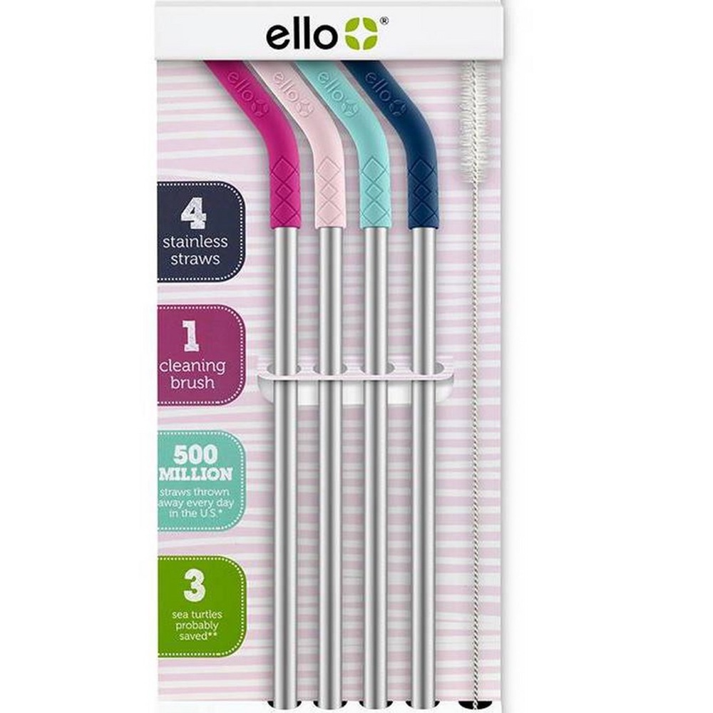 Ello Stainless Steel Straws with Cleaning Brush - Multicolor Set